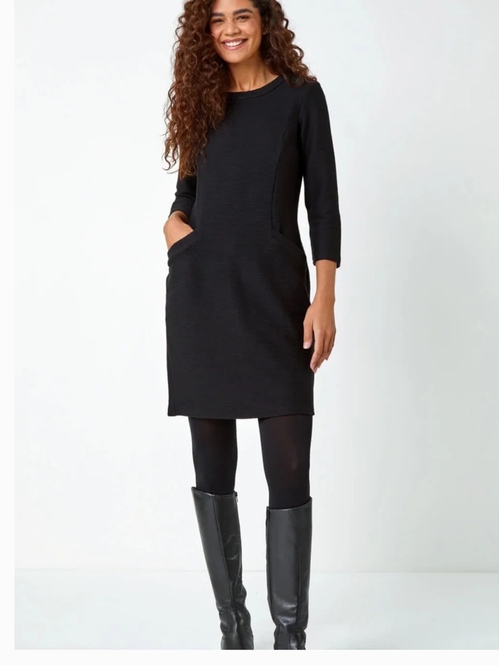 Boden Roman Ribbed Pocket Detail Stretch Shift Dress Black US Size 6